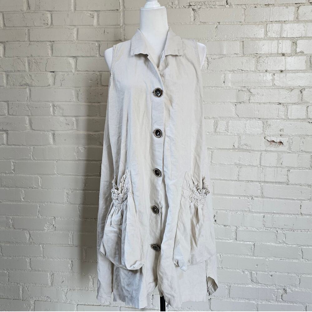 Lagenlook Linen Blend Sleeveless Duster Vest Dress┃Neutral  Button-Front Tunic